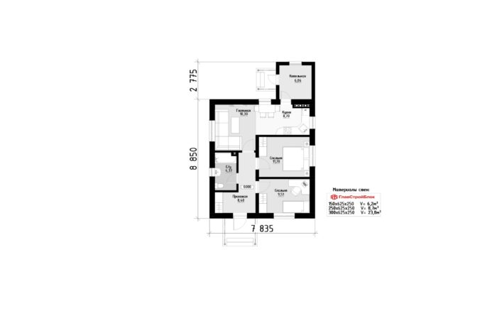 Фото планировка первого этажа проекта одноэтажного дома P250 с общей площадью 60 м2 - от компании Проект23