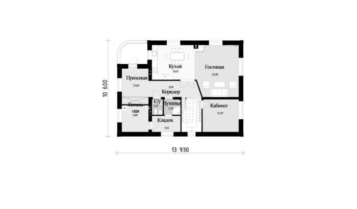 Фото планировка первого этажа проекта двухэтажного дома P107 с общей площадью 205 м2 - от компании Проект23