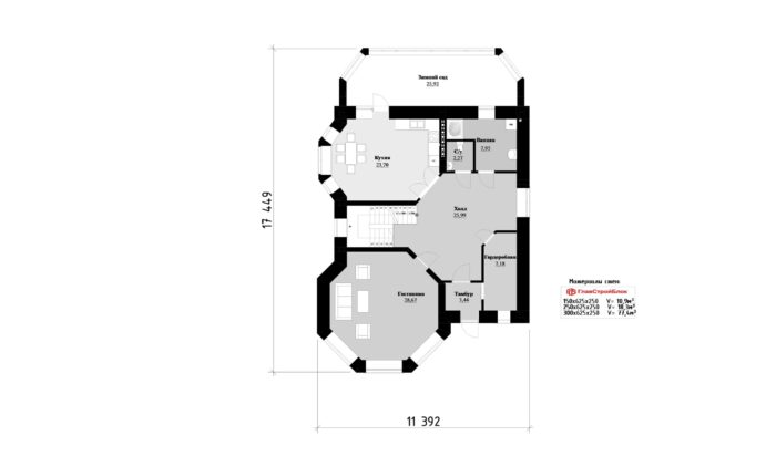 Фото планировка первого этажа проекта трехэтажного дома P127 с общей площадью 282 м2 - от компании Проект23