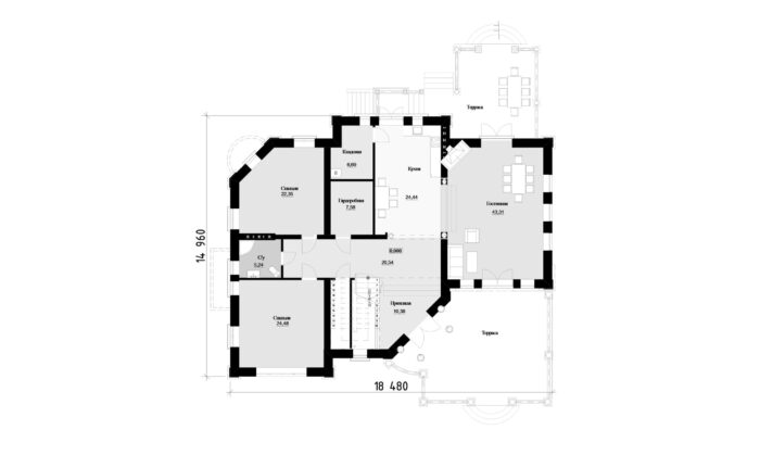 Фото планировка первого этажа проекта трехэтажного дома P131 с общей площадью 488 м2 - от компании Проект23