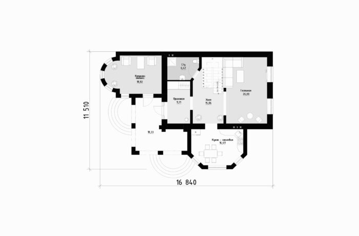 Фото планировка первого этажа проекта двухэтажного дома P223 с общей площадью 168 м2 - от компании Проект23